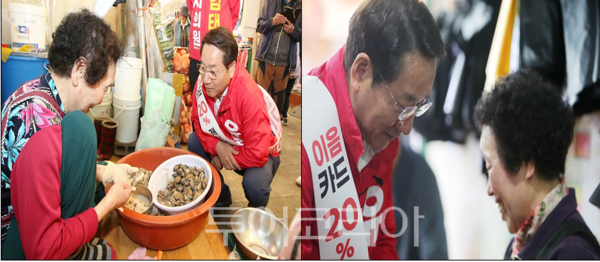 유정복 국민의힘 인천시장 예비후보가 2일 인천 미추홀구 용현시장을 찾아 시민들과 인사하고 있다.&nbsp;(사진= 유정복 예비후보실)