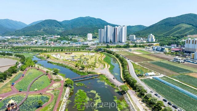 장성 황미르랜드 전경 황룡강 한 가운데 있는 하중도(河中島)다 /사진-장성군 제공
