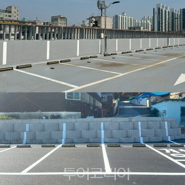 ▲(上)공주시 신관동 공영주차타워 수직주차선. (下)금성동 공영주차장 수직주차선 모습. /사진-공주시(편집 류석만 기자)