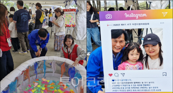 (왼쪽)바람빠진 튜브에 공기를 주입해 주는 김진규 후보, (오른쪽)김진규 후보가 아이 부모와 함께 액자 사진을 찍고 있다.&nbsp;(사진=검단구출입연합기자단)