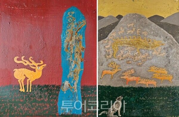 작가가 옻칠화 작품으로 처음 선보이는 사슴돌 시리즈./사진-전호태 작가 제공