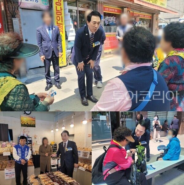 ▲박수현 충남도지사 예비후보는 6일 오일장이 열린 공주시 소재 산성시장을 방문해 상인들과 주민들을 직접 만나 현장의 어려움을 청취하고 있다. /사진-박수현 후보 캠프(편집 류석만 기자)