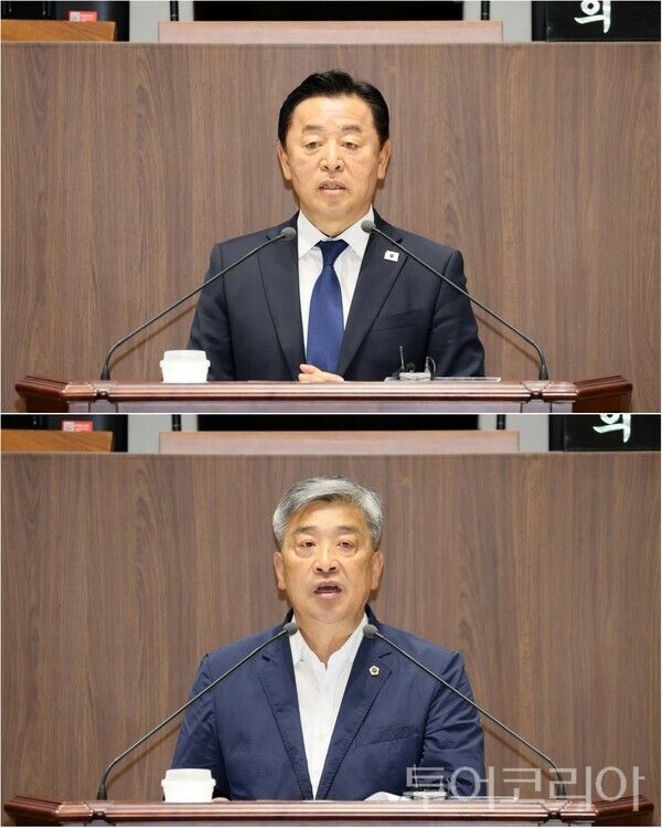 ▲5분 발언 중인 충남도의회 이종화(上·홍성2·더불어민주당)의원과 전익현(下·서천1·더불어민주당) 의원 모습. /사진-충남도의회(편집 류석만 기자)