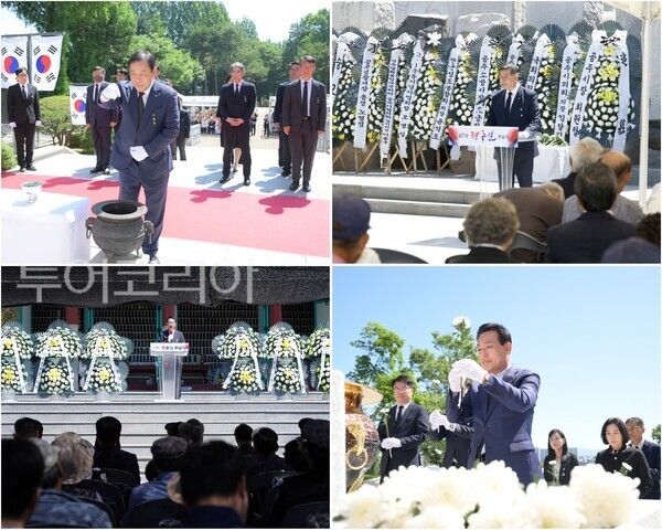 ▲(上)왼쪽부터 시계방향. 최민호 세종시장을 비롯한 간부 공무원분향 모습, 최원철 공주시장 현충일 추념식, 백성현 논산시장 현충일 추념식, 이완섭 서산시장 현충일 추념식 모습. /사진-세종·공주·논산·서산시(편집 류석만 기자)