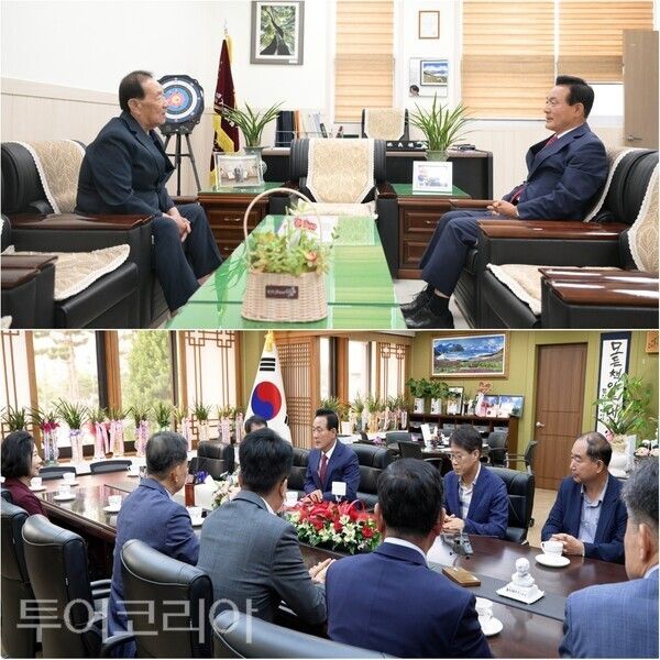 ▲(上)8일 백성현(오른쪽) 시장 대한노인회 논산시지회 방문 모습, (下)논산시정의 첫 간부티타임을 주재하고 있는 백성현 시장. /사진-논산시(편집 류석만 기자)