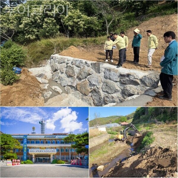 ▲(上)부여군 우기 대비 재해복구사업장 현장 점검, (下)오른쪽 부터 예산군 금치소하천 준설 작업 모습, 금산군 세천정비공사 완료(금산군 청사 전경). /사진-부여·예산·금산(편집 류석만 기자)