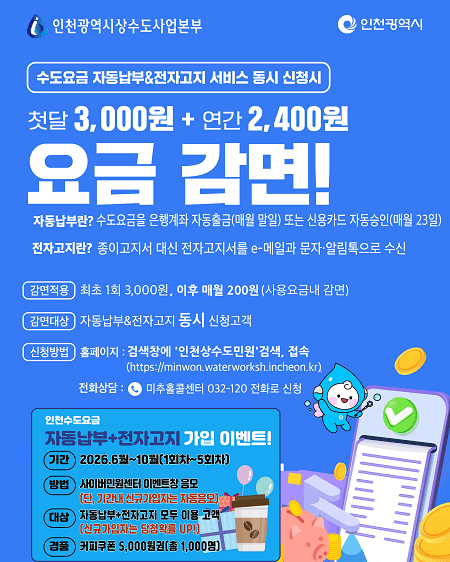 수도요금 자동납부+전자고지 서비스 가입자 이벤트 포스터