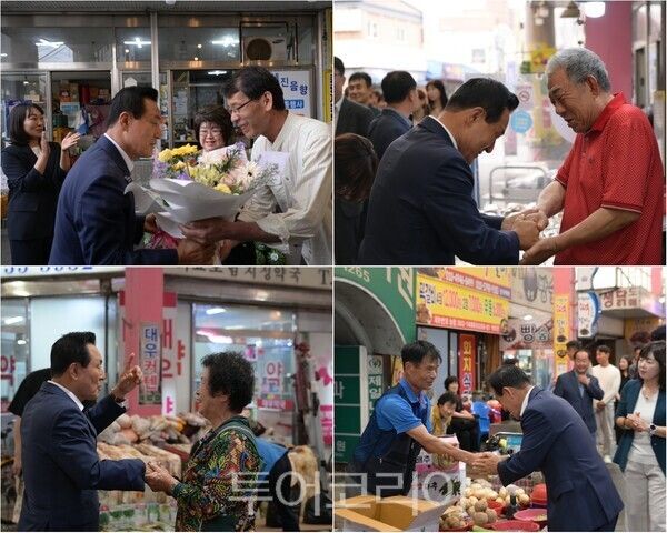 ▲백성현 논산시장이 8일 화지시장을 찾아 상인들과 시민들을 만나며 민심을 듣고 소통하는 시간을 갖고 있다. /사진-논산시(편집 류석만 기자)