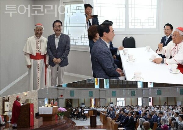 ▲박수현 충남도지사는 12일 서산 해미국제성지에서 열린 유흥식 라자로 추기경 집전 미사에 참석해 "전 세계 청년 순례자들과 함께 교황을 충남에서 맞이하고 싶다"며 교황의 충남 방문을 적극 건의했다. /사진-충남도(편집 류석만 기자)