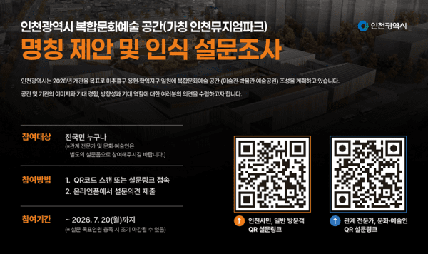 인천광역시 복합문화예술공간 ‘(가칭 인천뮤지엄파크)’명칭 제안 및 인식 설문조사 홍보물