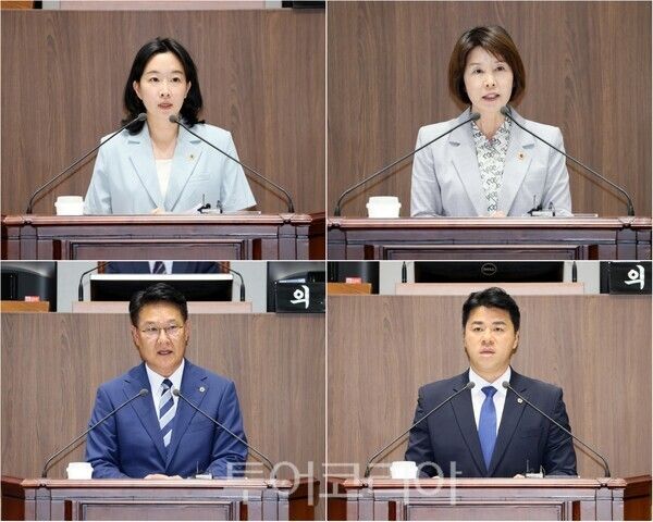 ▲(上)왼쪽부터 시계방향. 이지윤(아산5·더불어민주당) 도의원, 민병희(부여1·더불어민주당) 도의원, 이병하(천안2·더불어민주당) 도의원, 홍기후(당진3·더불어민주당) 도의원 5분 발언 모습. /사진-도의회(편집 류석만 기자)