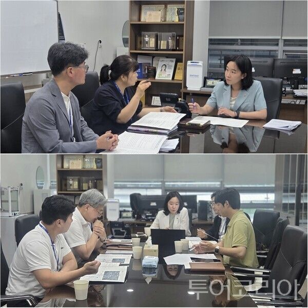 ▲이지윤(아산5·더불어민주당) 충남도의원이 지난 14~15일까지 이틀간 충남도 관계 부서장들과 릴레이 간담회를 열고 아산지역 주요 현안사업의 추진 상황과 문제점을 집중 점검하고 있다. /사진·편집-류석만 기자