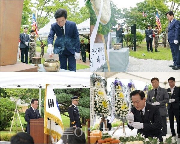 ▲(上)허태정 대전시장이 참석한 가운데 16일 열린 제11회 대전지구전투 전승기념식, (下)백성현 논산시장 제76주기 순국경찰관 합동추도식 모습. /사진-대전·논산(편집 류석만 기자)