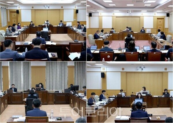 ▲(上)왼쪽부터 시계방향. 대전시의회 산업건설위원회, 교육위원회, 행정자치위원회, 복지환경위원회 의원들 소관 부서의 보고 및 의견청취 모습. /사진-대전시의회(편집 류석만 기자)