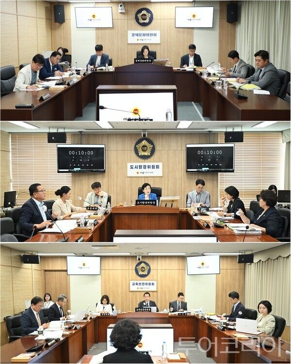 ▲(上)경제문화위원회, (中)도시환경위원회, (下)교육안전위원회는 제108회 임시회 기간인 지난 15~20일까지 잇따라 상임위원회를 열고 2026년도 상반기 주요업무 추진 실적을 점검하며 하반기 정책 방향을 집중 점검했다. /사진-세종(편집 류석만 기자)