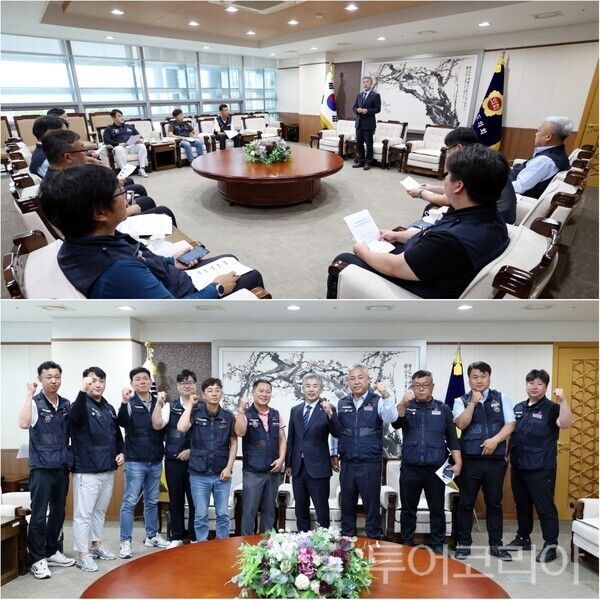 ▲조철기 충남도의회 의장이 지난 20일 의회 국제회견장에서 한국산업건설노동조합 세종충남본부 간부들과 간담회를 열고 지역 건설현장의 애로사항과 노동환경 개선 과제를 청취하고 있다. /사진-충남도의회(편집 류석만 기자)