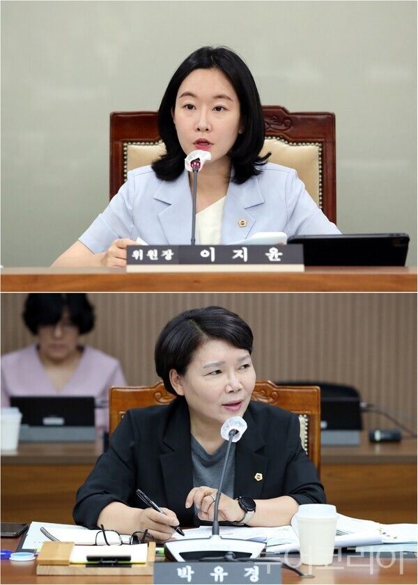 ▲(上)이지윤 충남도의회 보건복지환경위원장이 충남사회서비스원으로 부터 업무보고를 받고 있는 모습, (下)박유경 충남도의원이 환경산림국의 업무보고에서 “폐비닐은 쓰레기가 아니라 미래 에너지 자원”이라고 강조하고 있는 모습. /사진-충남(편집 류석만 기자)