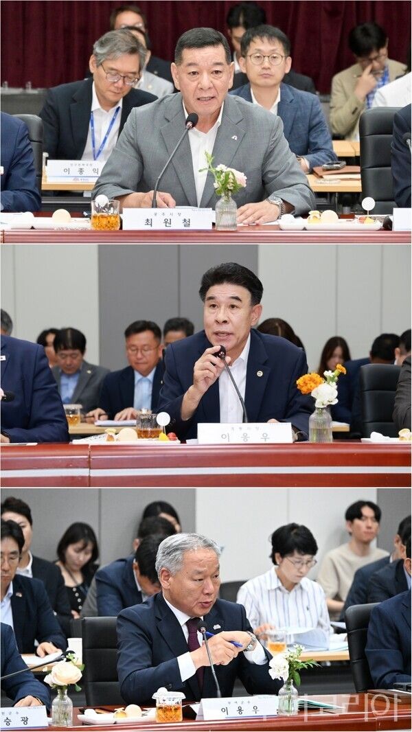 ▲(上)최원철 공주시장 ‘백제왕도 품격 되살릴 한옥단지 조성’ 도비 지원 요청, (中)이응우 계룡시장 ‘미래 국방산업의 거점이 될 첨단 국방 산업단지 조성사업’ 지원 요청, (下)이용우 부여군수 ‘충청산업문화철도’ 국가계획 반영 요청 모습. /공주·계룡·부여(편집 류석만 기자)