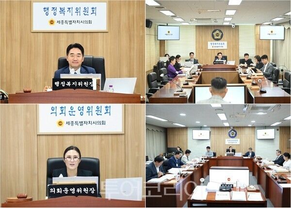 ▲(上)김재형 행정복지위원회 위원장의 주재로 열린 2026년도 제1회 추가경정예산안과 기금운용계획변경안 심사, (下)김현미 의회운영위원회 위원장의 진행으로 열린 2027 충청권 하계세계대학경기대회 성공 개최 관련 회의 모습. /사진-세종(편집 류석만 기자)
