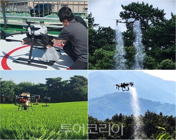 ▲(上)왼쪽부터 시계방향. 공주시 드론배송 서비스와 밤나무 해충 드론 방제, 공주시산림조합 병해충 드론방제, 청양군이 지난해 벼 식부 전면적 동시 방제를 추진 하고 있는 모습. /사진-공주·산림조합·청양(편집 류석만 기자)