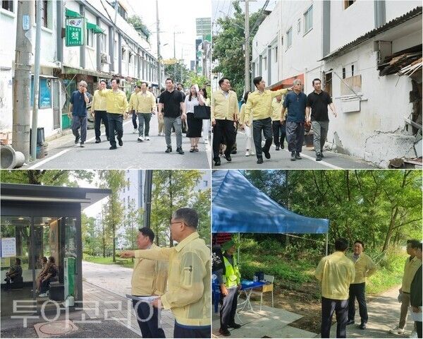 ▲(上)허태정 대전시장이 27일 동구 쪽방촌 2가구와 중앙동 경로당을 방문해 폭염 취약계층의 건강과 안전 상태를 직접 확인하고 있다. (下)안호 시민안전실장과 관계자들이 침수 우려지역과 무더위 쉼터, 취약계층 보호시설 등에 대해 현장 예찰에 나섰다. /사진-대전시(편집 류석만 기자)