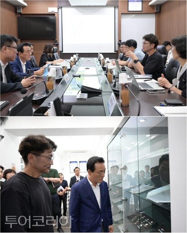 ▲지난 27일 백성현 논산시장이 관내 2차전지 기업인‘루트제이드’를 방문해 박기홍·최재우 대표들을 만나 애로사항을 청취하고 있다. /사진-논산(편집 류석만 기자)