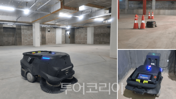 롯데건설이 시공 중인 건설현장에서 ‘자율주행 바닥청소 로봇’(왼쪽)이 장애물을 우회해(오른쪽 위) 바닥을 청소한 후 스스로 충전 장소로