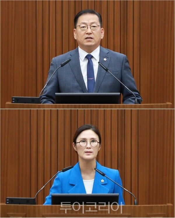 ▲(上)5분 자유발언 중인 세종시의회 유인호(보람동·더불어민주당) 의원, (下)김현미(소담동·더불어민주당) 의원 모습. /사진-세종(편집 류석만 기자)