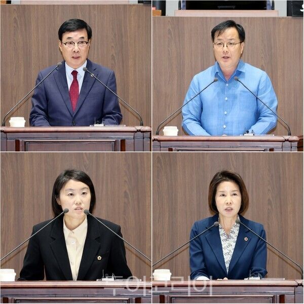 ▲(上)왼쪽부터 시계방향. 5분 발언 중인 충남도의회 박기영(공주2·국민의힘) 의원, 조동준(서천2·더불어민주당) 의원, 민병희(부여1·더불어민주당) 의원, 이 선(비례·더불어민주당) 의원 모습. /사진-충남도의회(편집 류석만 기자)