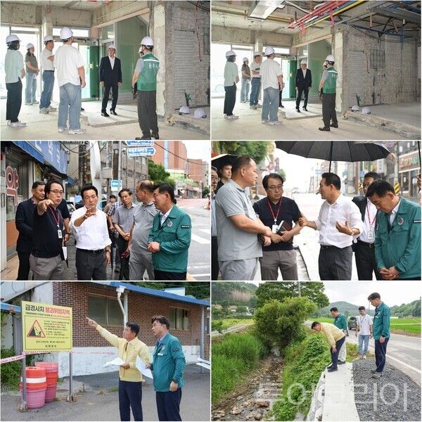 ▲(上)최원철 공주시장 공공형 외국인 계절근로자 숙소 현장 점검, (中)백성현 논산시장 관촉건널목 등 현장 점검, (下)유승광 서천군수 급경사지·하천 등 인명피해 우려 지역 현장 점검. /사진-공주·논산·서천(편집 류석만 기자)