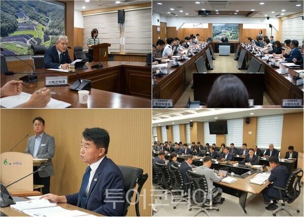 ▲(上)문정우 금산군수의 주재로 6일 군청 상황실에서 열린 간부회의, (下)유승광 서천군수의 주재로 열린 확대간부회의 모습. /사진-금산·서천(편집 류석만 기자)