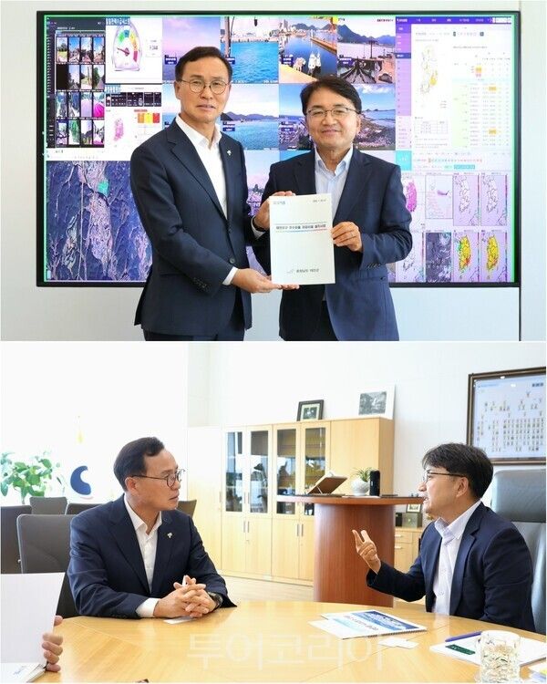 ▲(上)지역 주요 현안사업의 국비지원을 위해 지난 29일 행정안전부를 방문한 윤희신(왼쪽) 태안군수가 김광용 재난안전관리본부장에게 건의서를 전달하고 있다. (下)왼쪽부터 윤희신 태안군수와 김광용 행정안전부 재난안전관리본부장. /사진-태안(편집 류석만 기자)