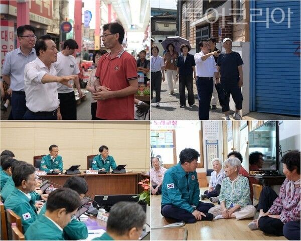 ▲(上)왼쪽부터 시계방향. 논산화지중앙시장과 쪽방촌을 잇달아 방문한 백성현 시장, 무더위쉼터 찾아 어르신들 건강과 안부 챙기고 있는 박정주 홍성군수, 폭염 대응 철저를 당부하고 있는 김홍열 청양군수 모습. /사진-논산·홍성·청양(편집 류석만 기자)