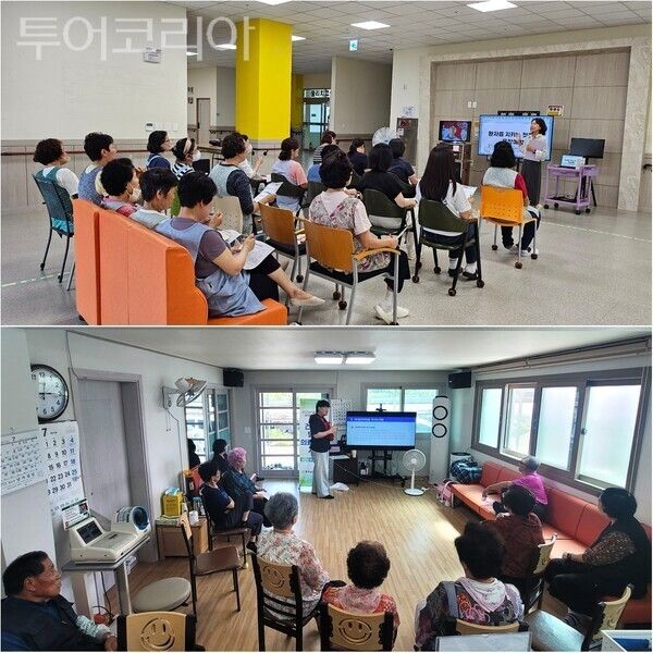 ▲(上)공주의료원 책임의료팀이 지난 27일 공주건강랜드요양원에서 시설 종사자들을 대상으로 충청권지역환자안전센터 간호사를 초빙해 욕창 예방 교육을 진행하고 있다. (下)공주시 신풍면 조평2리와 동원2리 주민들을 대상으로 운영된 '건강이 닿는 의료·돌봄 연계사업' 모습. /사진-공주의료원(편집 류석만 기자)