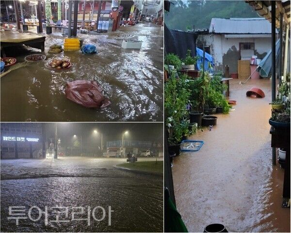 ▲왼쪽 上·下 태안읍 침수피해 현장, 오른쪽 태안군 백사장 침수피해 현장. /사진-태안군(편집 류석만 기자)