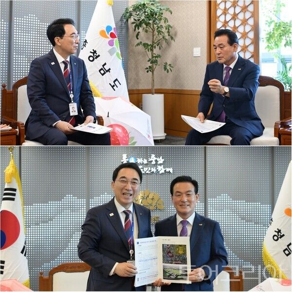 ▲백성현(오른쪽) 논산시장이 15일 충남도청을 찾아 박수현 충남도지사를 만나, 한국국방연구원(KIDA) 논산 유치를 비롯한 주요 현안의 추진 필요성을 설명하고 충남도의 적극적인 협력을 요청하고 있다. /사진-논산시(편집 류석만 기자)