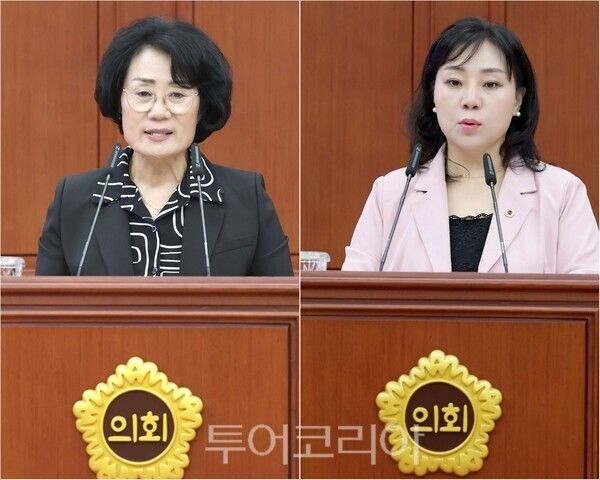 ▲왼쪽부터. 질의 중인 대전시의회 박은희(더불어민주당·대덕구2) 의원과 김민숙(더불어민주당·서구1) 의원 모습. /사진-대전시의회(편집 류석만 기자)