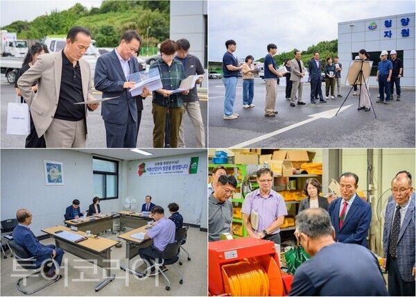 ▲(上)지난 1일, 김홍열 청양군수가 현장에서 사업 설명을 청취하는 모습, (下)김홍열 군수가 관내 농공단지를 순회 방문하며 입주기업 대표들과 현안을 논의하고 있다. /사진-청양군