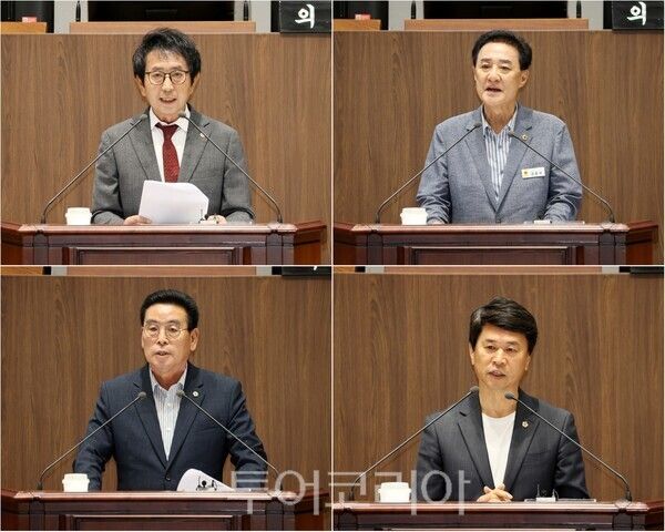 ▲(上)왼쪽부터 시계방향. 지난 1일 열린 충남도의회 제371회 임시회 제1차 본회의에서 5분 발언 중인 노한섭·강종국·이상근·장재석 도의원 모습. /사진-충남도의회(편집 류석만 기자)