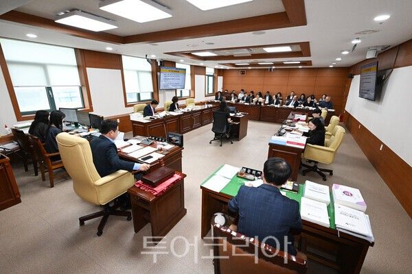 울산광역시의회 문화복지환경위원회(위원장 권태호) 소속 의원들이 지난 3일 시의회 문화복지환경위원회 회의실에서 2026년도 제3회 울산광역시 추경예산안 예비 심사, 조례안 등을 심사했다./사진-울산시의회