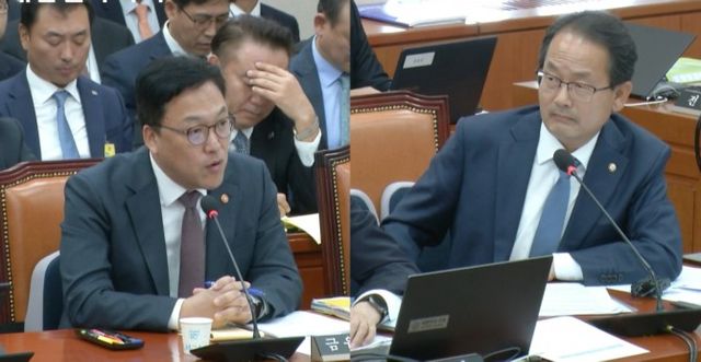 김병환 금융위원장(왼쪽)이 14일 국회에서 열린 정무위원회 종합 국정감사에서 강준현 더불어민주당 의원의 질의에 답하고 있다./사진=국회인터넷의사중계시스템