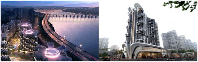 한남4구역에 삼성물산이 제안한 래미안 글로우 힐즈 한남' 원형주동 조감도 (왼쪽), 현대건설이 제안한 '디에이치 한강' 시그니처타워 조감도 / 사진제공=각 사