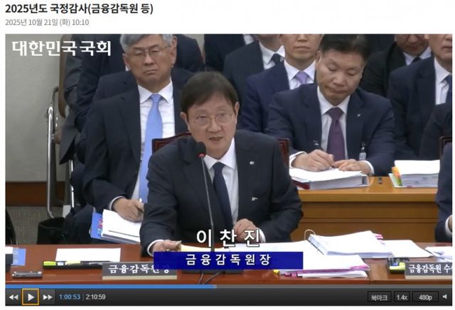 이찬진 금융감독원장이 21일 국회 정무위원회 국정감사에 출석해 김남근 더불어민주당 의원 관련 질의에 답하고 있다. / 사진= 국회 인터넷의사중계시스템(2025.10.21) 중 갈무리