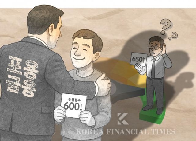 '포용금융' 정책으로 저신용자가 우대받는 동안, 신용점수 오른 중신용자가 오히려 소외되는 '금리 역설' 현상 일러스트.