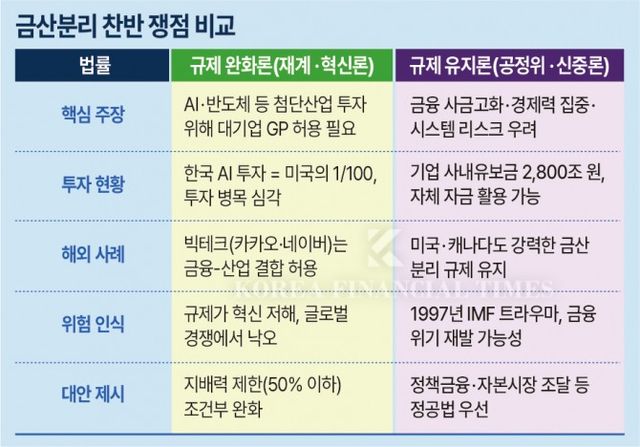 금산분리 규제 완화를 둘러싼 주요 쟁점과 찬반 양측의 논리를 비교 분석한 표.