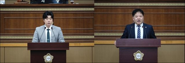 고병준 마포구의원(왼쪽), 신종갑 마포구의원이 5분 발언 펼치는 모습./사진제공=마포구의회