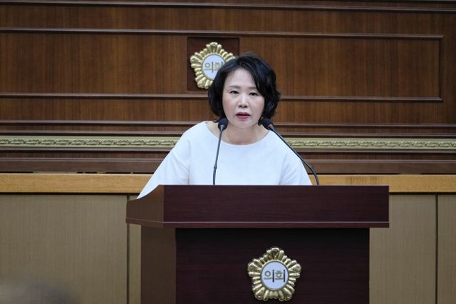 마포구의회 안미자 의원이 5분 자유발언을 펼치고 있다./사진제공=마포구의회