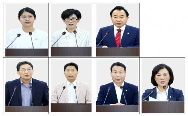 (상단 좌측부터 발언 순) 손주하 의원, 이정미 의원, 소재권 의원, 길기영 의원, 허상욱 의원, 송재천 의원, 조미정 의원 6월 26일 제2차 본회의에서 구정질문을 하고 있다.