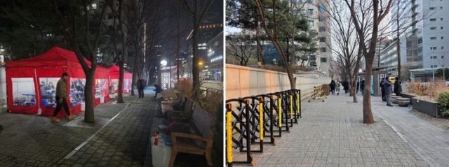 여의도 한국거래소 일대 불법 포장마차 운영 중인 모습(사진 왼쪽)과 정비가 완료된 이후 모습./사진제공=영등포구청