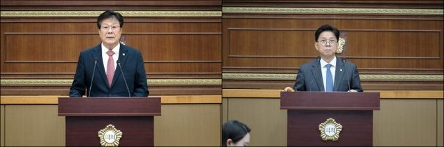 마포구의회 김승수 의원(왼쪽), 남해석 의원이 발언을 하는 모습./사진제공=마포구의회